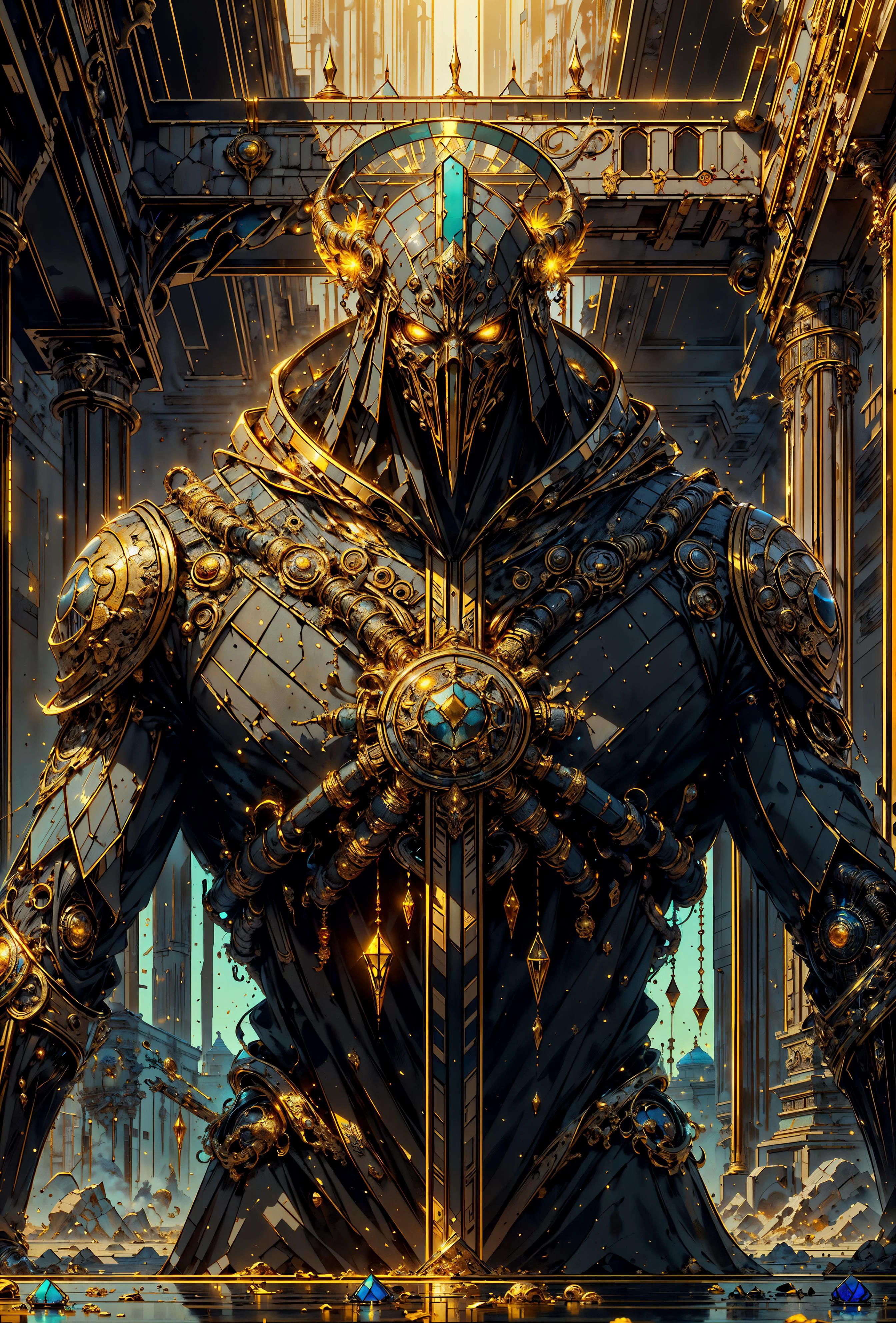 <lora:CarthageTech:0.6> carthagetech, solar age, (masterpiece, best quality, realistic, detailed:1.2), (painted glass, symmetrical:1.4), <lora:r1ge - AnimeRage:0.5> r1ge, (low angle:1.2), massive, <lora:Hastur-000001:0.8> hastur, king in yellow, (gold, gold mask), bright light,