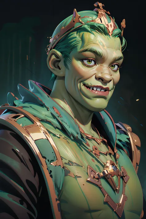 <lora:CarthageTech:0.6> carthagetech, solar age, (masterpiece, best quality, realistic, detailed:1.2), portrait, half shot, <lora:ShrekDoguVersion2:0.8> (shrex, green skin:1.3), as a dark king, crown, (golden clothes and accessories), evil lich, goth, evil smile,