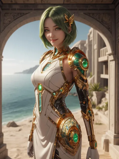 <lora:CarthageTech-26:0.8>, carthagetech , scifi, solar age, gold mosaic , scscholar , scroll, 1girl,short hair, green hair, glowing eyes, smile ,closed mouth, glowing body, white dress , outdoors, hair over one eye, hair ornament,