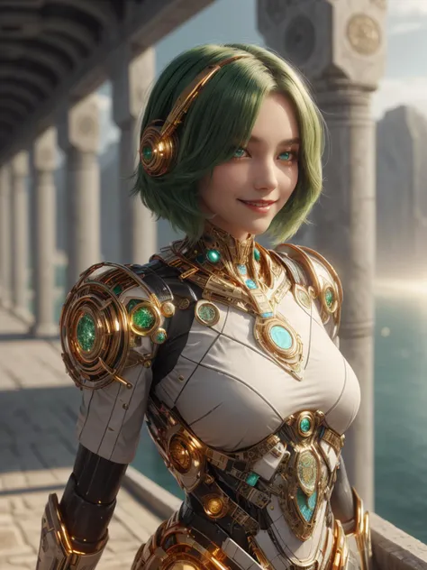 <lora:CarthageTech-26:0.8>, carthagetech , scifi, solar age, gold mosaic , scscholar , scroll, 1girl,short hair, green hair, glowing eyes, smile ,closed mouth, glowing body, white dress , outdoors, hair over one eye, hair ornament,