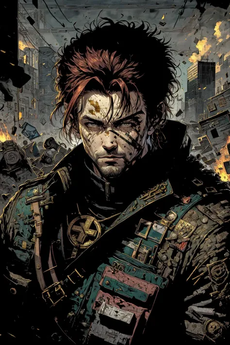 (masterpiece:1), (best quality:1), high contrast, strong shadows, outlines, <lora:graphicNovelStyle_v10:0.2>,
(1man, masculine adult male:1.2), grey eyes, dark red hair, razor cut,
<lora:GoodHands-beta2:0.8>,
solo, upper body, looking at viewer, detailed background, detailed face, (<lora:CarthageTech:0.6> gold mosaic, carthagetech theme:1.1), battlefield-medic, field-surgeon, exhausted, blue military medic uniform, vest, gloves, straps, green cross, military insignia, first aid kit, bandages, toruniquet, triage, dirt smudges, blood stains, running, battlefield with explosions in background, floating particles, bullet shells, chaos, epic atmosphere,