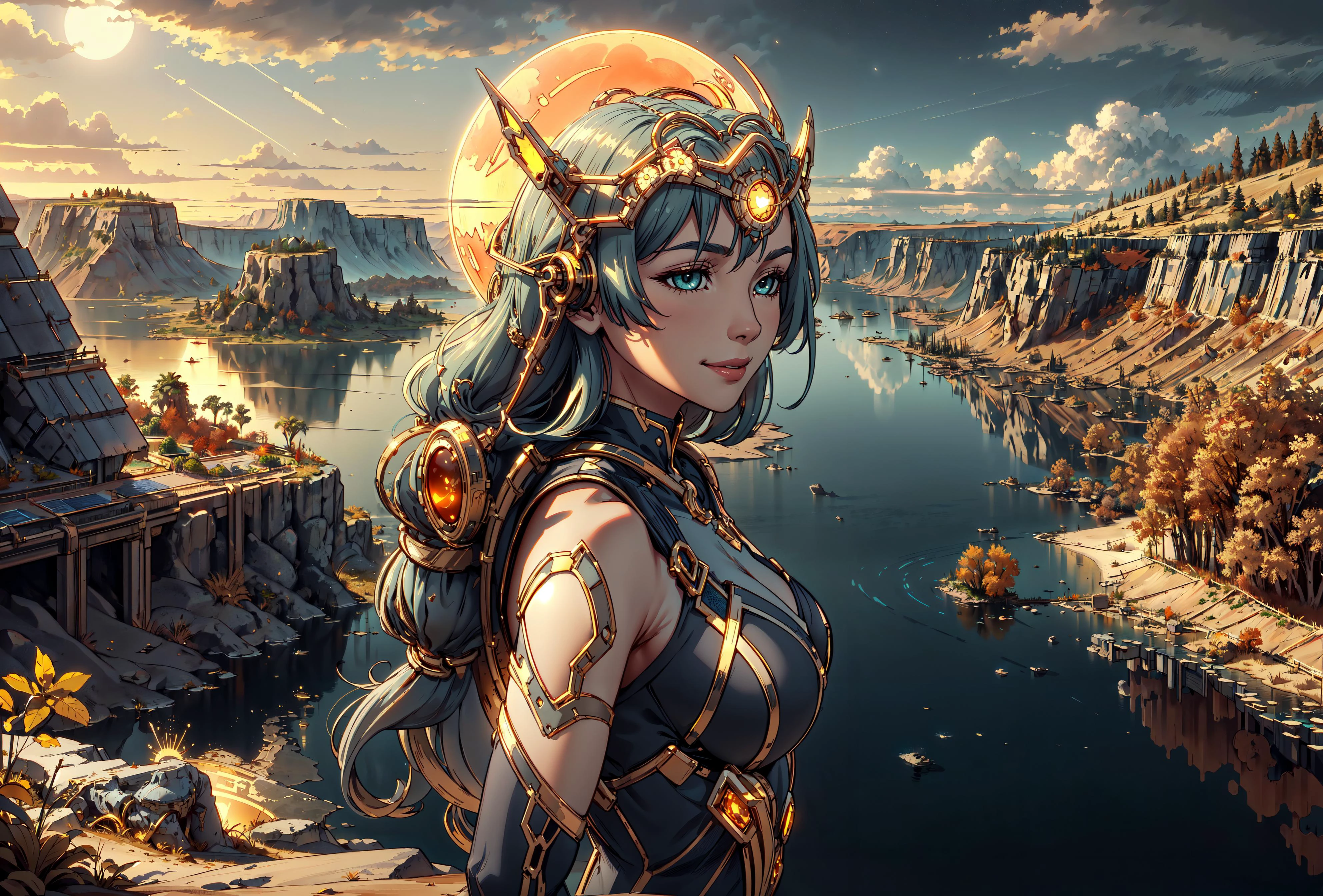 <lora:CarthageTech:0.7> carthagetech, solar age, gold, <lora:Cinematic Film:0.8> cinematically-realistic, (masterpiece, best quality, realistic, detailed, crisp:1.2), (landscape:1.2), (hight contrast), <lora:wakfu-elio:0.8> 'noble cute girl smiling', <lora:empty_eyes:0.6> empty shiny eyes, nature, shades of orange, autumn season, 'clear reflective lake', big blinding sun, (wide shot),