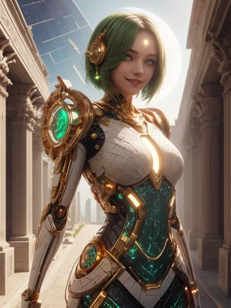 <lora:CarthageTech-26:0.8>, carthagetech , scifi, solar age, gold mosaic , scscholar , scroll, 1girl,short hair, green hair, glowing eyes, smile ,closed mouth, glowing body, white dress , outdoors, hair over one eye, hair ornament,
