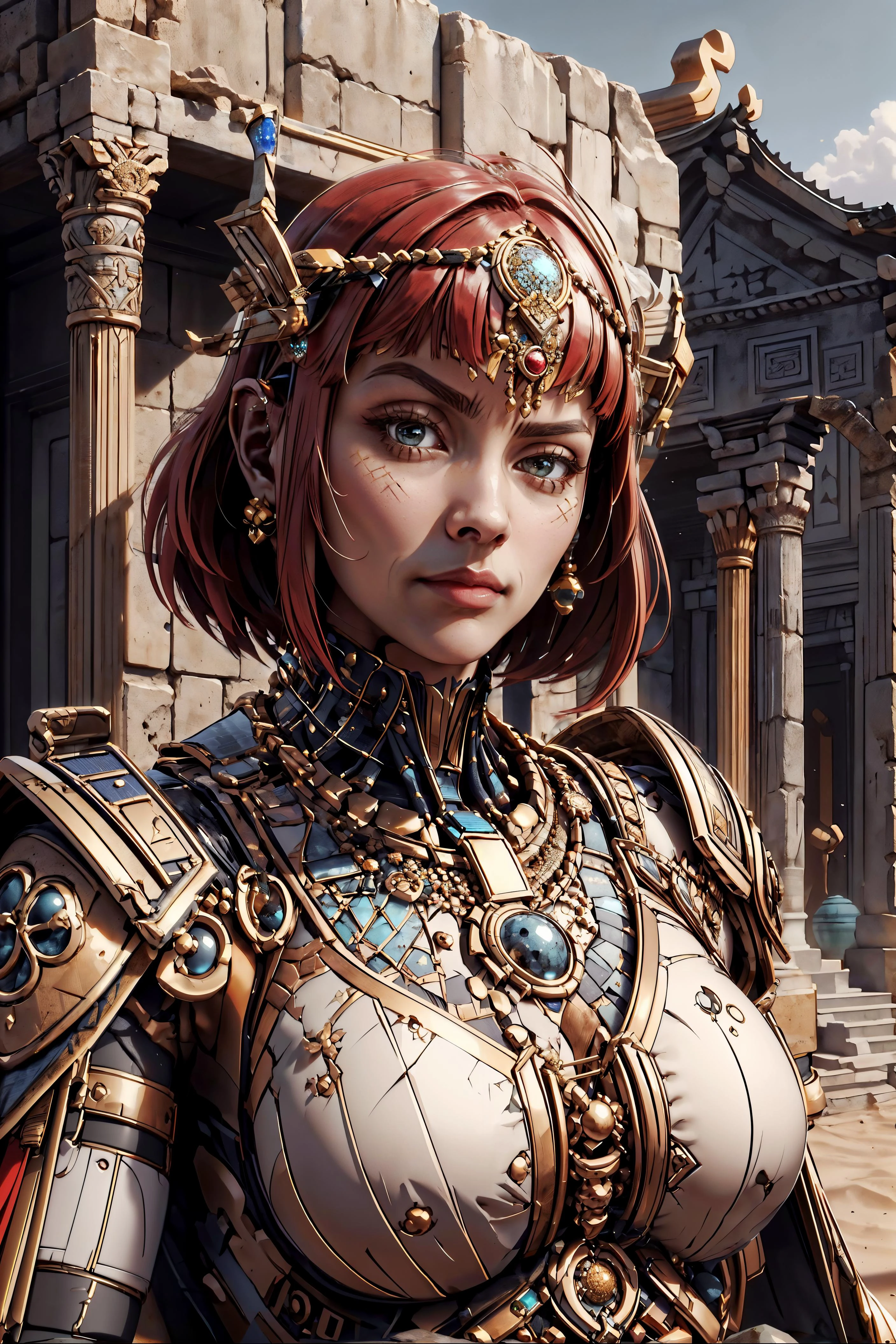 <lora:CarthageTech:0.8> carthagetech, solar age, (masterpiece, best quality, realistic, detailed:1.2), <lora:RocksEyebrowRaise:0.6> RocksEyebrowRaise, portrait, raised eyebrow, thick eyebrows, (cute girl, priestess, short red hair), ancient temple,