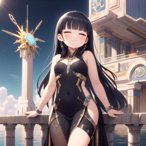 <lora:CarthageTech-26:0.8>, carthagetech , scifi, solar age, gold mosaic ,
1girl, black hair, <lora:Msgk_face:0.8>,:3, long dress, long hair, half-closed eyes, smug,