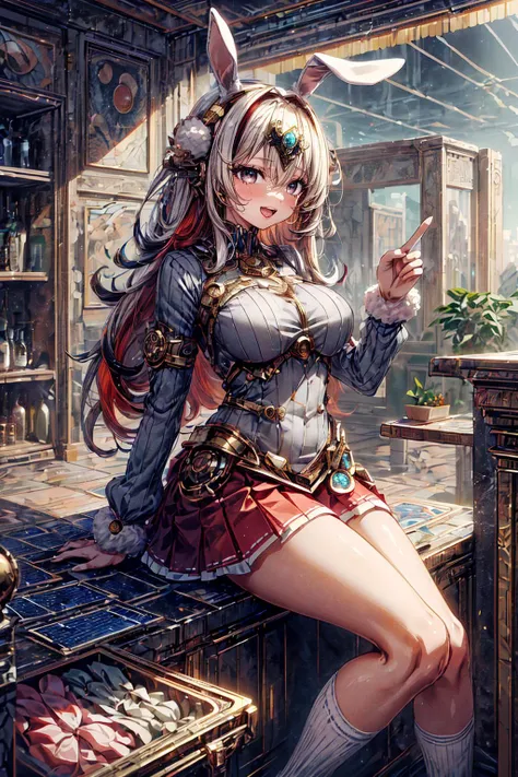 <lora:CarthageTech:1> carthagetech, sci-fi, solar age, gold mosaic, futuristic clothing, <lora:add_detail:0.8>, (masterpiece, top quality, best quality, beautiful and aesthetic:1.2), (1girl:1.3), original, high resolution, surreal,, rule of thirds, store, convenience store, indoors, v, peace sign, two-tone hair, very long hair, hair between eyes, white eyes, monster girl, (pompom, multicolored skirt, short socks), large breasts, sad, animal ears, bunny ears, :D