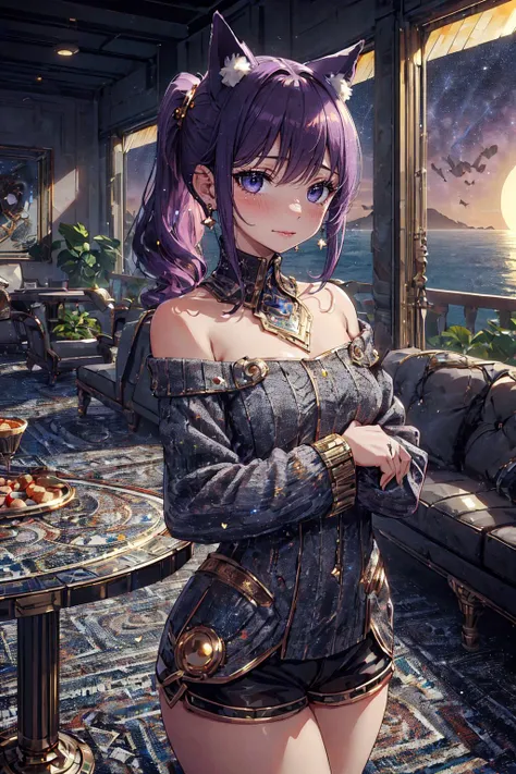 <lora:CarthageTech:1> carthagetech, sci-fi, solar age, gold mosaic,, (masterpiece, top quality, best quality, beautiful and aesthetic:1.2), (1girl:1.3), original, high resolution, surreal,, cowboy shot, living room, table, dusk, own hands together, purple hair, medium hair, folded ponytail, starry print eyes, young, off-shoulder sweater, hotpants, animal ears, ear fluff, small breasts, wavy mouth, closed mouth, heart earrings, shy, blush