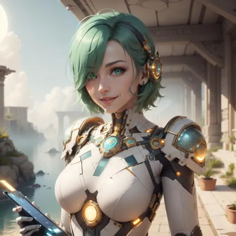 <lora:CarthageTech-26:0.8>, carthagetech , scifi, solar age, gold mosaic ,
scscholar , scroll, 1girl,short hair, green hair, glowing eyes, smile ,closed mouth, glowing body, white dress , outdoors, hair over one eye, hair ornament,