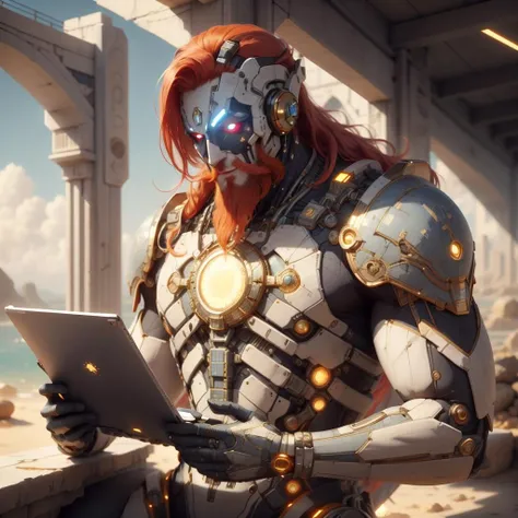<lora:CarthageTech-26:0.8>, carthagetech , scifi, solar age, gold mosaic ,
scroll, 1boy,long hair, red hair, glowing eyes, smile ,closed mouth, holding scroll,beard, outdoors,
