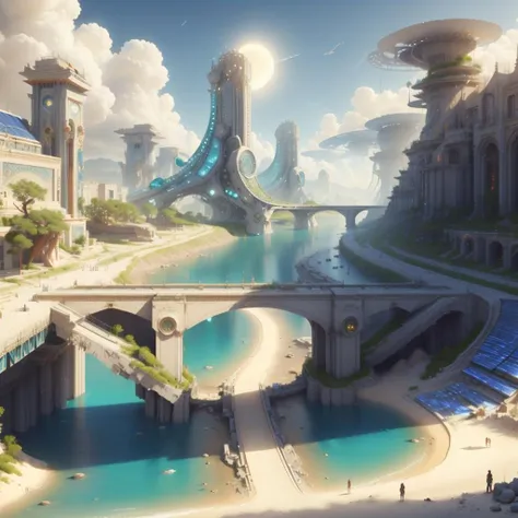 <lora:CarthageTech-26:0.8>, carthagetech , scifi, solar age, gold mosaic ,
bridge, river