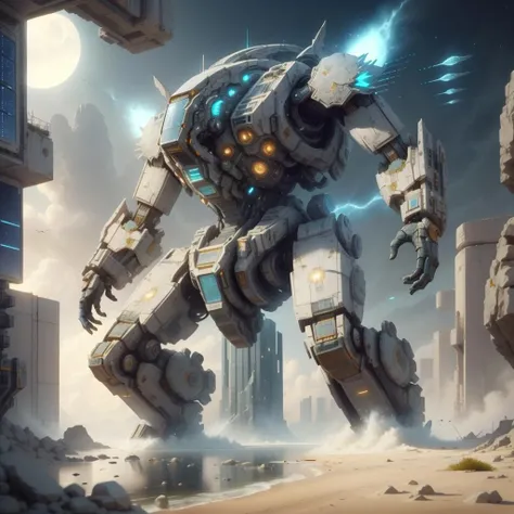 <lora:CarthageTech-26:0.8>, carthagetech , scifi, solar age, gold mosaic ,
colossal battle mech , destruction,