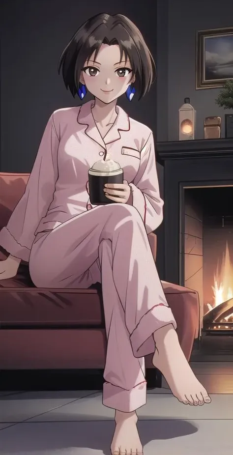 EW, 1girl, solo, portrait, looking at viewer, earrings, ((pattern pajamas)), drinking hot cocoa, sitting on couch, (((dark room))), legs crossed, smile, glowing fireplace, winter, perfect quality, good quality, masterpiece, HDR, UHD <lora:Erina Won:0.75>