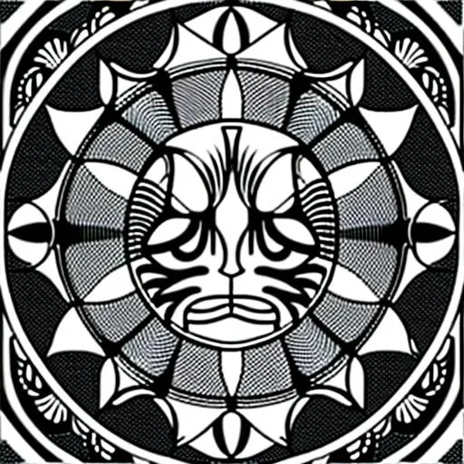 a cat head in the middle of a mandala . Black and white. Vector Lines. For coloring book for kids