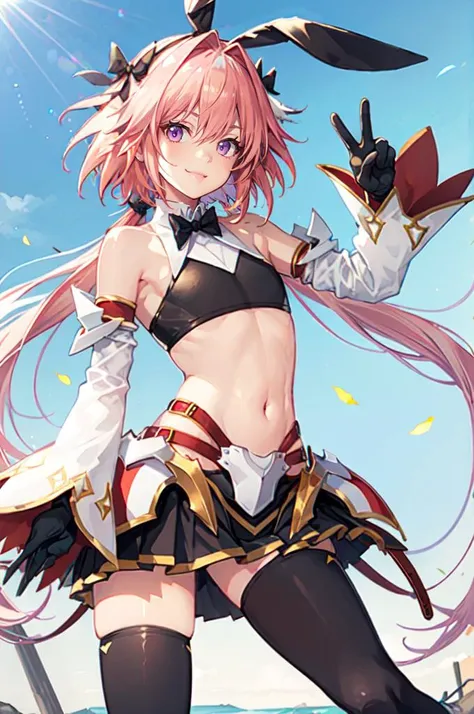 smile, double v, <lora:AstolfoFate:0.8> astsaber1, low twintails, bowtie, bare shoulders, gloves, detached sleeves, midriff, skirt, thighhighs, black footwear,, ultra detailed, masterpiece, best quality, aesthetic, detailed,