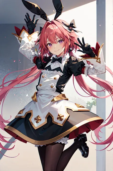 smile, double v, <lora:AstolfoFate:0.8> astsaber3, low twintails, long sleeves, puffy sleeves, gloves, dress, pantyhose, black footwear,, ultra detailed, masterpiece, best quality, aesthetic, detailed,