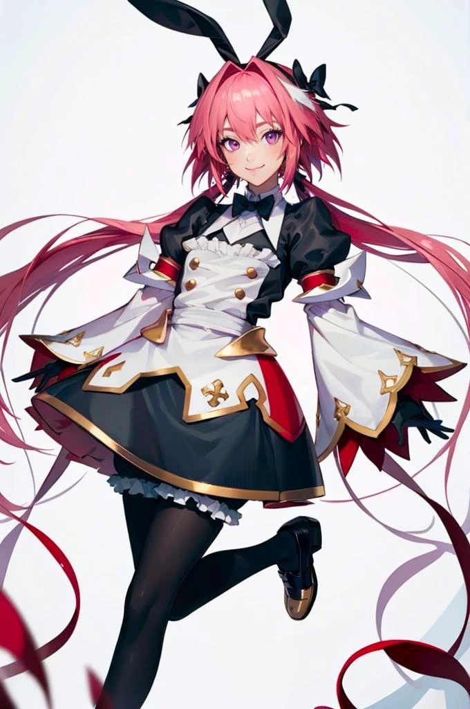 smile, double v, <lora:AstolfoFate:0.8> astsaber3, low twintails, long sleeves, puffy sleeves, gloves, dress, pantyhose, black footwear,, ultra detailed, masterpiece, best quality, aesthetic, detailed,