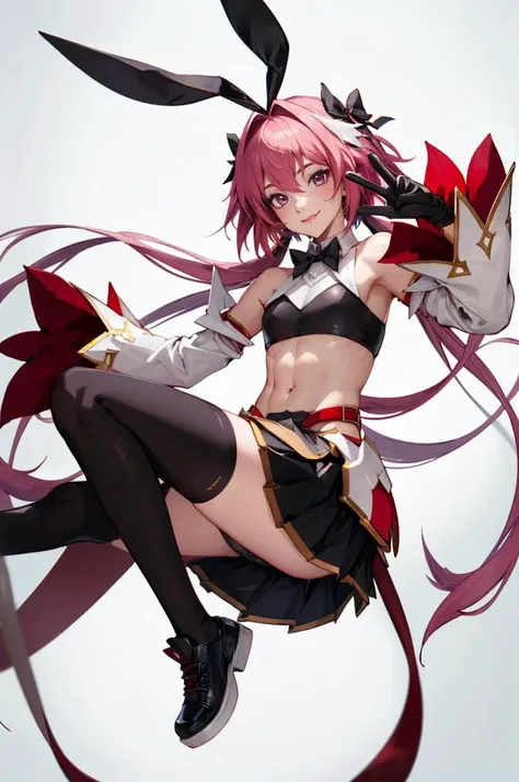 smile, double v,    <lora:AstolfoFate:0.8> astsaber1, low twintails, bowtie, bare shoulders, gloves, detached sleeves, midriff, skirt, thighhighs, black footwear,, ultra detailed, masterpiece, best quality, aesthetic, detailed,