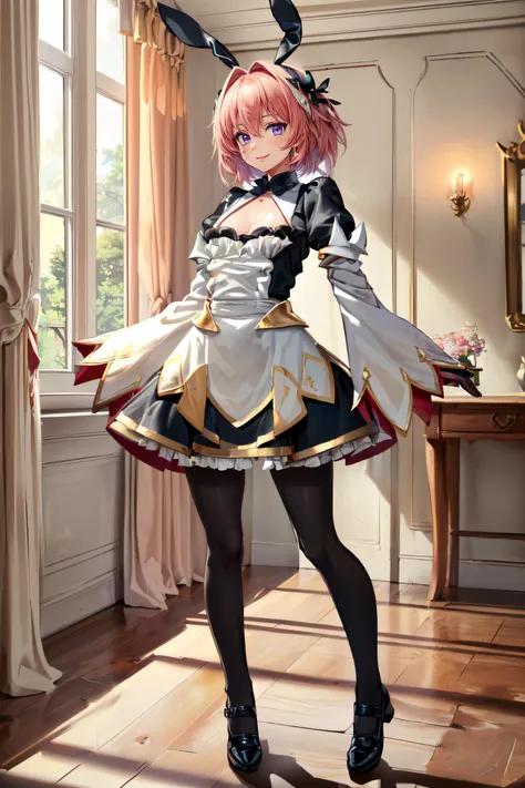 (masterpiece, best quality, ultra detailed, absurdres:1.5), 1girl, (sexy, beautiful woman, perfect face, perfect eyes, perfect female body, small breasts:1.5), (astsaber3, low twintails, long sleeves, puffy sleeves, gloves, dress, pantyhose, black footwear, <lora:AstolfoFate:0.8>), (standing, indoors, mansion), perfect lighting, smooth, hdr