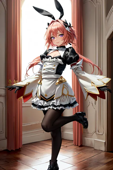 (masterpiece, best quality, ultra detailed, absurdres:1.5), 1girl, (sexy, beautiful woman, perfect face, perfect eyes, perfect female body, small breasts:1.5), (astsaber3, low twintails, long sleeves, puffy sleeves, gloves, dress, pantyhose, black footwear, <lora:AstolfoFate:0.8>), (standing, indoors, mansion), perfect lighting, smooth, hdr