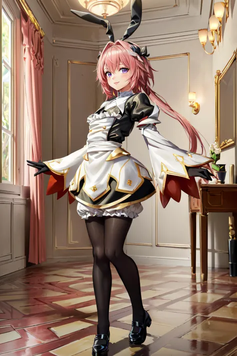 (masterpiece, best quality, ultra detailed, absurdres:1.5), 1girl, (sexy, beautiful woman, perfect face, perfect eyes, perfect female body, small breasts:1.5), (astsaber3, low twintails, long sleeves, puffy sleeves, gloves, dress, pantyhose, black footwear, <lora:AstolfoFate:0.8>), (standing, indoors, mansion), perfect lighting, smooth, hdr