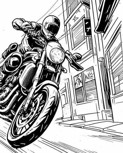 ink drawing, dynamic cinematic action shot (speed lines) motion blur , epic, dark high contrast artwork, from below, street level at superbike motorbike in tokyo, cinematic <lora:Gaz_Ink_Test:1>