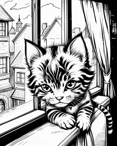 ink drawing, a small cute chibi kitten, looking out a window, cinematic angle <lora:Gaz_Ink_Test:1>
