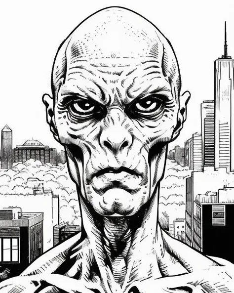 comic book inking monochrome, ink drawing, professional three quarter portrait of bald alien <lora:Gaz_Ink_Test:1> <lora:EdobAlienMale_v1.0:.7> on an alien city world