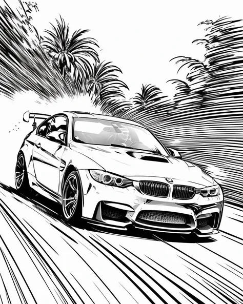 ink drawing, dynamic cinematic action shot (speed lines) (motion blur) , epic, dark high contrast artwork, low shot, bmw m3 drag racing, cinematic   <lora:Gaz_Ink_Test:1>    stylish tuner culture