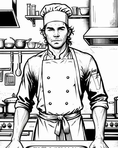 ink drawing, professional cinematic portrait of a chef in a kitchen wearing a chef hat, industrial cook <lora:Gaz_Ink_Test:1>