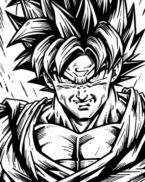 black and white ink drawing, portrait of goku super saiyan , glowing energy , <lora:Gaz_Ink_Test:1>  <lora:sonGokuLora_offset:1>