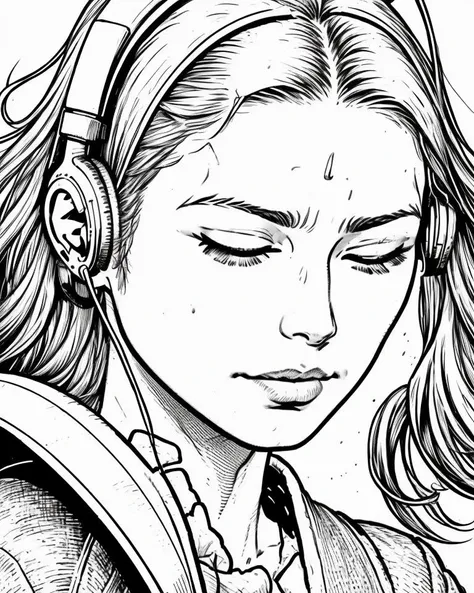 hedcut, a beautiful woman wearing white headphones, eyes closed meditating, close portrait cinematic <lora:Gaz_Ink_Test:1>