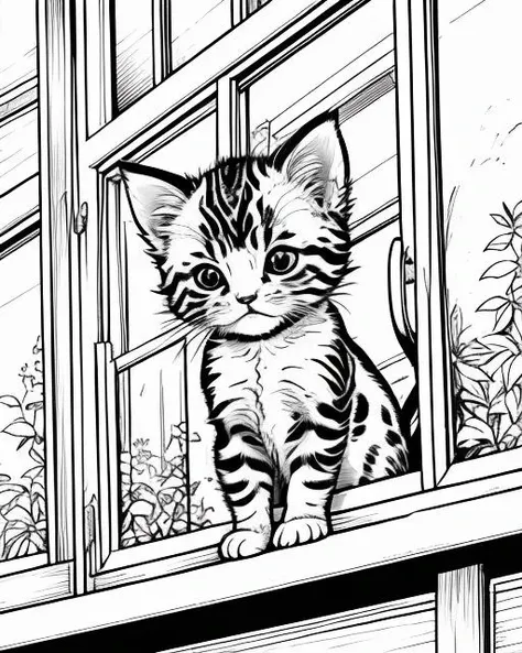 colouring book page, a small cute chibi kitten, looking out a window, cinematic angle <lora:Gaz_Ink_Test:1> linework