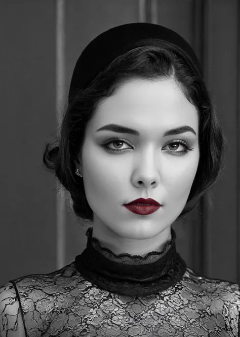 1920s illustration of A captivating masterpiece of an woman, half body, dressed in a turtleneck Blouse, The intricate lace and gold details exude a very rebellious aura, bold and daring makeup look, The use of high-shine gloss adds a touch of glamour while the deep red and black hues give it a dramatic vampy vibe, studio lighting, look to the camera, background blurred, <lora:MS_Ciel_V1_SDXL:0.8>, (small vintage pillbox hat), monochrome, black and white shot, filmgraining:1.2,