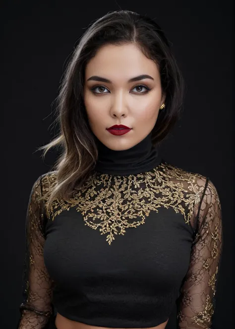 Character Design Sheet of A captivating masterpiece of an woman, half body, dressed in a turtleneck Blouse, The intricate lace and gold details exude a very rebellious aura, bold and daring makeup look, The use of high-shine gloss adds a touch of glamour while the deep red and black hues give it a dramatic vampy vibe, studio lighting, look to the camera, background blurred, <lora:MS_Ciel_V1_SDXL:0.8>, character reference sheet, character turn around