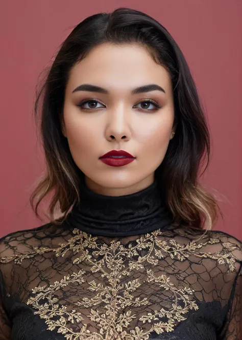 Color Field Painting, A captivating masterpiece of an woman, half body, dressed in a turtleneck Blouse, The intricate lace and gold details exude a very rebellious aura, bold and daring makeup look, The use of high-shine gloss adds a touch of glamour while the deep red and black hues give it a dramatic vampy vibe, studio lighting, look to the camera, background blurred, <lora:MS_Ciel_V1_SDXL:0.8>, abstract, simple, geometric, color field painting style