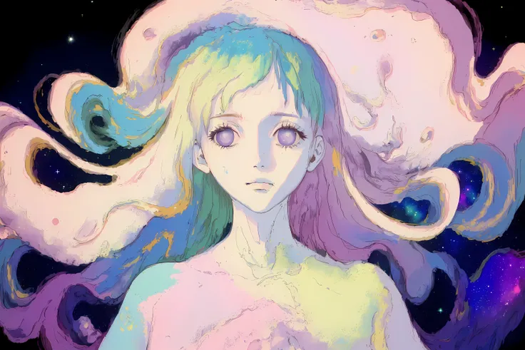 (((masterpiece, high quality, masterpiece,))), woman, glitched face, (pastel:1.2), galaxy body, luminescent being floating through space, a sorrowful creation,