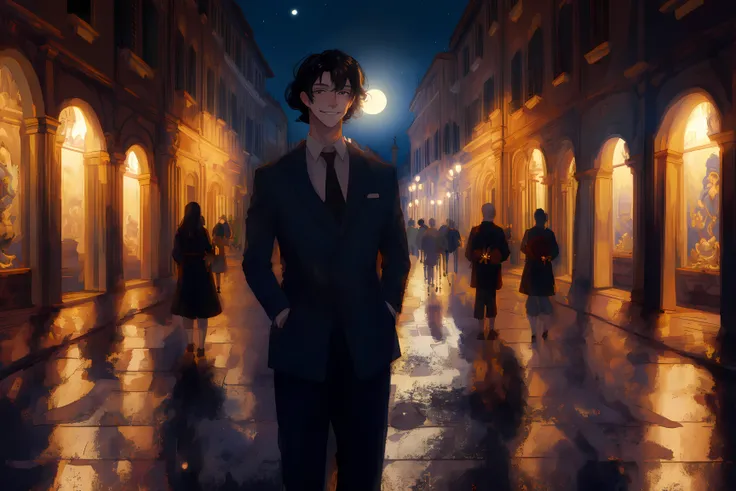 (((masterpiece, high quality, masterpiece,))), black hair, medium length, smirking, dynamic lighting, rome, moonlit streets, medium shot,