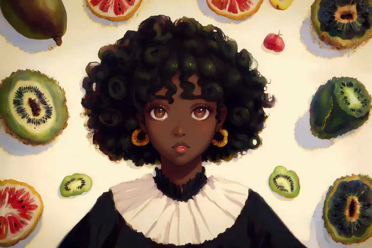 (((masterpiece, high quality, masterpiece,))), black skin, woman, kiwis, curly hair, kiwis in background, bright contrast,