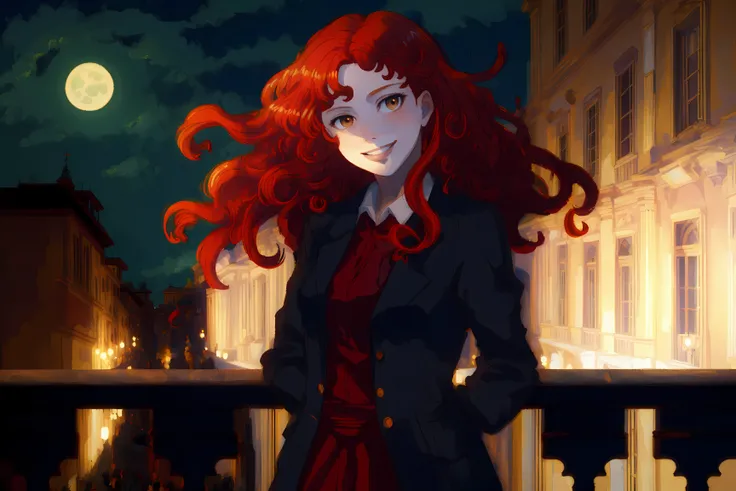 (((masterpiece, high quality, masterpiece,))), woman, red hair, long curly hair, smirking, dynamic lighting, rome, moonlit balcony, medium shot,