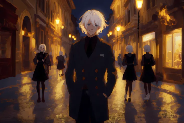 (((masterpiece, high quality, masterpiece,))), white hair, medium length, smirking, dynamic lighting, rome, moonlit streets, medium shot,