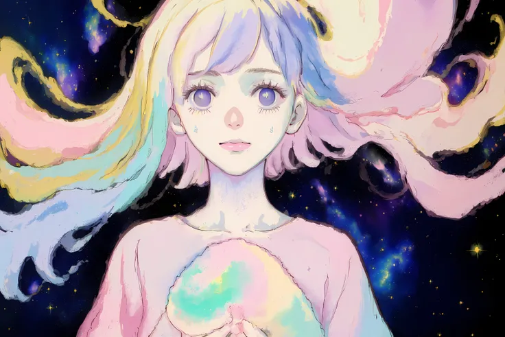 (((masterpiece, high quality, masterpiece,))), woman, glitched face, (pastel:1.2), galaxy body, luminescent being floating through space, a sorrowful creation,