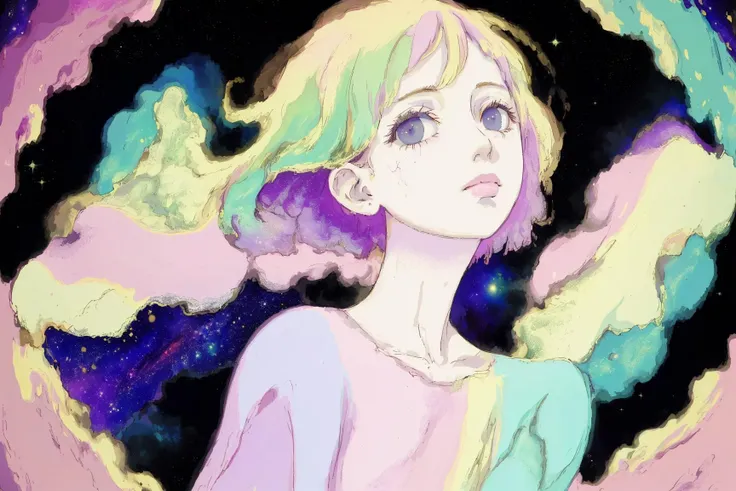 (Highest quality, sketch:1.2), Spectacular and realistic,(Super detailed support),Illustrator,anime,1 Girl, Detailed lips,custom, Gradient Background,Neon Hair,Texture Cropping, masterpiece, anime, Woman standing and staring at a black hole, Fantasy World, Talked about at the art station, Space Art, dreamy psychedelic anime, beautiful anime scene, anime epic artwork. anime, Photo Image Pose, average length