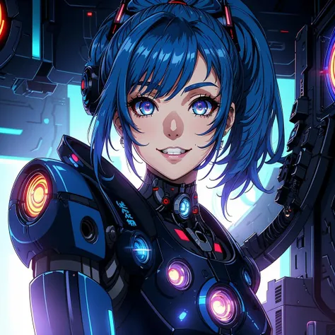 masterpiece, best quality, anime style, close up, 8k, beautiful_woman, big_beautiful_eyes, blue_hair_ponytail, smile, robot_girl, cyberpunk_outfit, cyperbunk_girl, hightech background, monitors, lights, natural lighting, soft lighting, sunlight