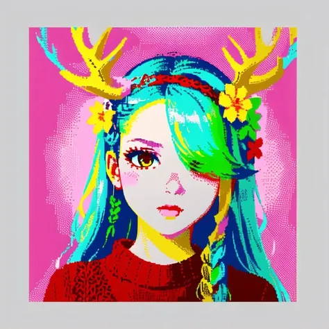 <lora:zxs:1> , zxs, limited palette,  1girl, antlers, asmr, braid, branch, brown sweater, close-up, ear cleaning, flower, green hair, green nails, hair flower, hair ornament, hair over one eye, highres, looking at viewer, mimikaki, parted lips, solo, sweater, virtual youtuber, yellow eyes