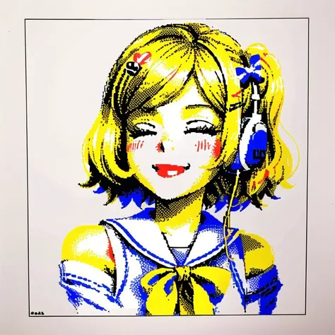 <lora:zxs:1> , zxs, limited palette, 1girl, arms at sides, bangs, bare shoulders, black sailor collar, blonde hair, blue eyes, bow, close-up, cropped torso, dot nose, fingernails, graphite \(medium\), hair bow, hair ornament, hairclip, half-closed eyes, hand on own chin, hand up, happy, headset, highres, light blush, long sleeves, looking at viewer, marker \(medium\), neckerchief, pato \(ptro\), photo \(medium\), sailor collar, short hair, simple background, smile, solo, swept bangs, traditional media, tsurime, upper body, white background, white bow, yellow nails, yellow neckerchief