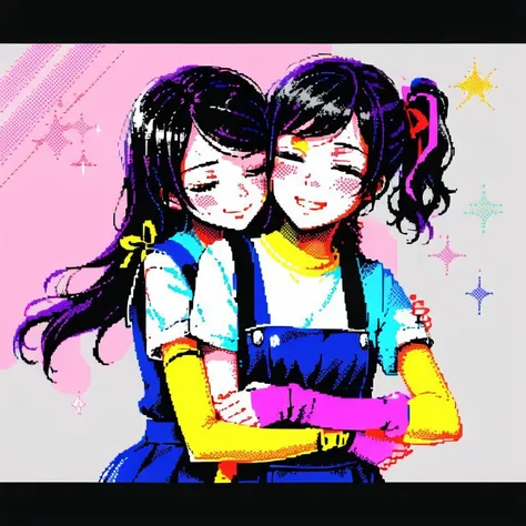 <lora:zxs:1> , zxs, limited palette, 2girls, arm warmers, black hair, blush, brown eyes, clenched hands, closed eyes, grey hair, hair ribbon, hug, hug from behind, long hair, multiple girls, open mouth, ribbon, school uniform, short sleeves, side ponytail, smile, sparkle, suspenders, uniform, upper body