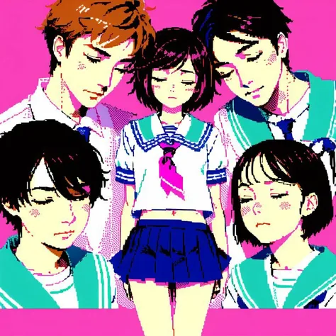 <lora:zxs:1> , zxs, limited palette, 2girls, black hair, brown eyes, brown hair, closed eyes, eyes closed, green eyes, multiple boys, multiple girls, pink eyes, school uniform, serafuku, short hair
