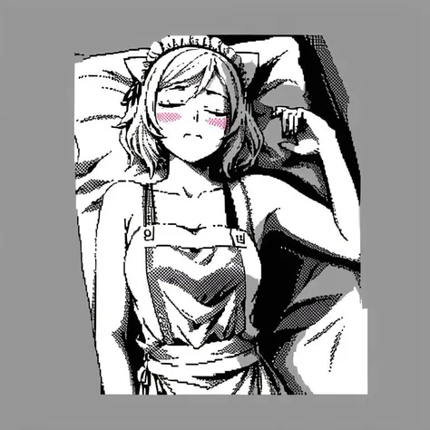 <lora:zxs:1> , zxs, limited palette, alternate costume, apron, blush, cat, closed eyes, enmaided, eyes closed, fingernails, lying, maid, maid headdress, monochrome, on back, sketch, sleeping, solo, voyakiloid, white hair, z, zzz