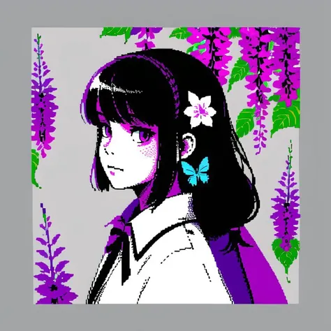 <lora:zxs:1> , zxs, limited palette, 1girl, bangs, black hair, bug, butterfly, butterfly hair ornament, cape, flower, hair ornament, hand up, highres, hizuki higure, insect, long sleeves, looking away, looking to the side, pink nails, side ponytail, sidelocks, solo, uniform, upper body, violet eyes, white cape, wisteria