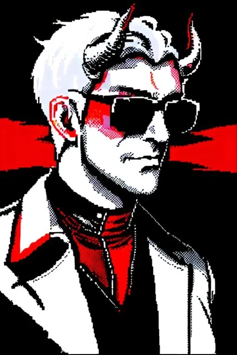 horned handsome person with white hair, in black sunglasses, in red shirt and black jacket, zxs <lora:zxs:1>